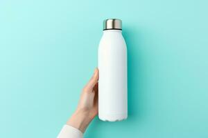 AI generated Hand Presenting Reusable White Water Bottle on Turquoise Background photo