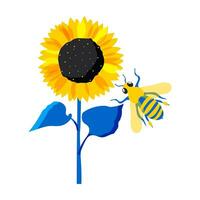 Sunflower and bee. Yellow flower with blue leaves isolated on white background. Vector. vector