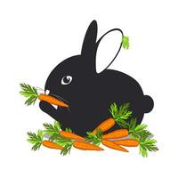 un negro linda Conejo entre vegetales se sienta y roe en maduro zanahorias. el liebre es aislado en un blanco antecedentes. vector. vector