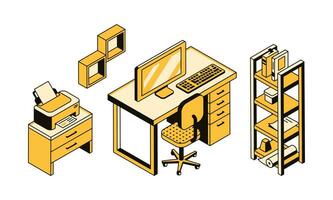 3d workspace, work desk with office equipment, workplace. Monitor, keyboard, printer, bookshelf rack. Digital technologies for work and study. Work area interior. Vector linear isometric illustration