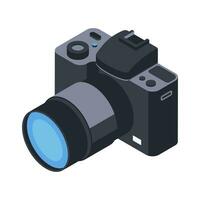 3d camera icon with lens. Professional photography device, dslr. Photo equipment with optics and shutter. Isolated object on white background. Vector illustration in isometric style