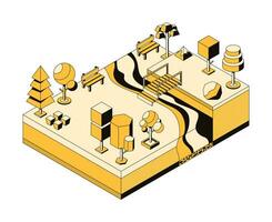 ecológico parque con árboles, río, puente y bancos 3d concepto de un botánico recreación zona con un estanque y un bosque, un arboleda. natural paisaje, ambiente. vector lineal isométrica ilustración