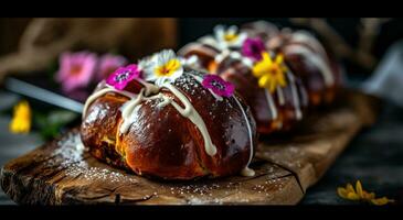 AI generated chocolate egg buns with flowers and icing photo