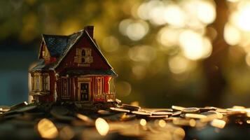 AI generated coins stack on the ground with a house on top of them photo