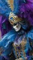 AI generated carnival costumer with blue and purple feathers photo