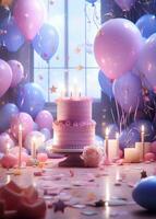 AI generated birthday card screenshot thumbnail with birthday candles and balloons. photo