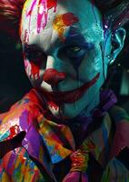 AI generated colorful clown with colorful paint, makeup and a tie, photo