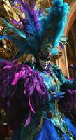 AI generated carnival costumer with blue and purple feathers photo