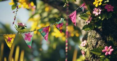 AI generated colorful flower bunting stringed on a tree photo