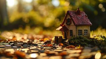 AI generated coins stack on the ground with a house on top of them photo