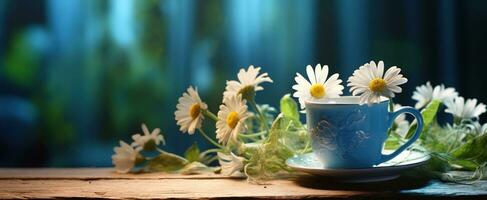 AI generated daisies in a blue cup on a wooden table photo