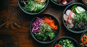 ai generado diferente ensaladas y vegetales son mostrado en bochas foto