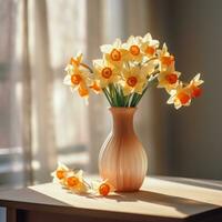 AI generated daffodils in a vase by a table photo
