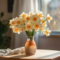 AI generated daffodils in a vase by a table photo