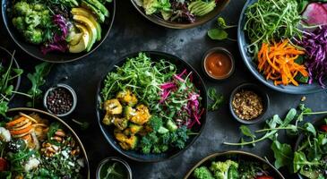 ai generado diferente ensaladas y vegetales son mostrado en bochas foto