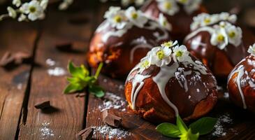 ai generado chocolate huevo bollos con flores y Formación de hielo foto