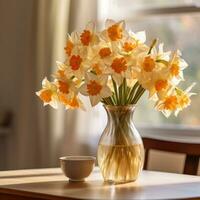 AI generated daffodils in a vase by a table photo