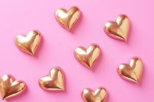 AI generated few gold hearts are decorated on a pink background photo