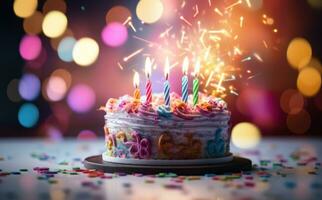 AI generated birthday cake with a candle on a background of colorful tinsel photo