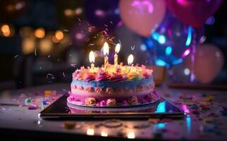 AI generated birthday cake with a candle on a background of colorful tinsel photo