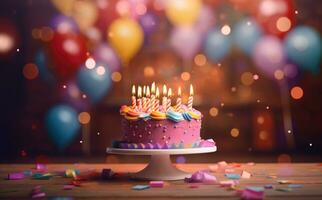 AI generated birthday cake with a candle on a background of colorful tinsel photo