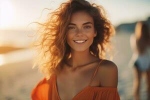 AI generated young girl in an orange dress on the beach photo