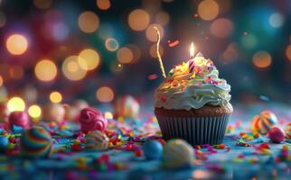 AI generated birthday cake with a candle on a background of colorful tinsel photo