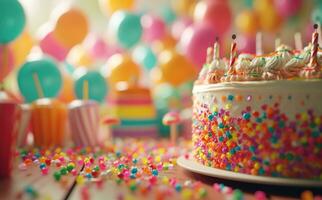 ai generado cumpleaños pastel con un vela en un antecedentes de vistoso oropel foto