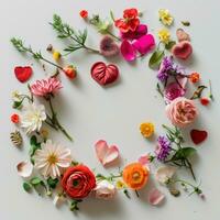 AI generated flowers and hearts have been arranged in a circle around a white backdrop photo