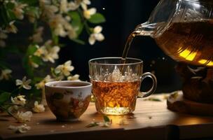 AI generated tea cups on wooden table on dark background photo