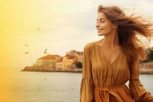 AI generated beautiful young girl in a dress smiles on the beach against the background of the sea photo