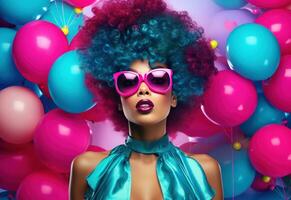 AI generated colorful woman with colorful balloons photo