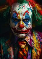 AI generated colorful clown with colorful paint, makeup and a tie, photo