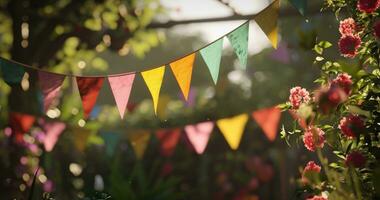 AI generated colorful bunting for a party in a garden photo