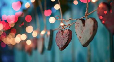 AI generated hearts hung from strings on stringed banners photo