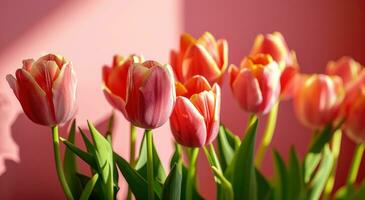 ai generado rosado tulipanes son floreciente en contra un rosado antecedentes foto