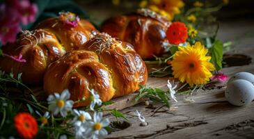 ai generado dorado bollos decorado con huevos y flores en un de madera cabecera mesa foto