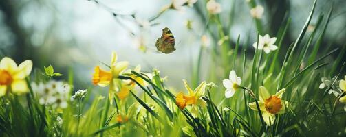 AI generated green grass with butterflies and daffodils photo