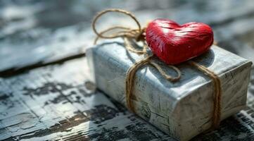 AI generated gift wrapped box, red heart photo