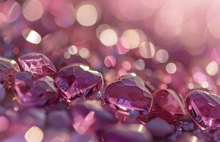 ai generado muchos rosado corazones conformado dentro diamantes y Brillantina foto