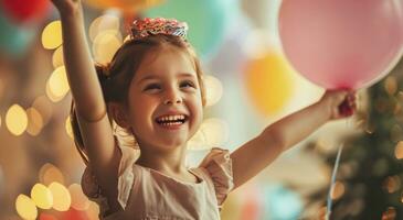 ai generado pequeño niña celebrando su cumpleaños con globos foto