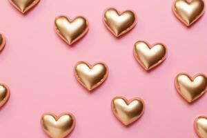 AI generated few gold hearts are decorated on a pink background photo