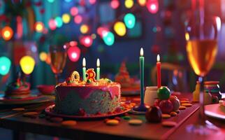 AI generated birthday cake with a candle on a background of colorful tinsel photo