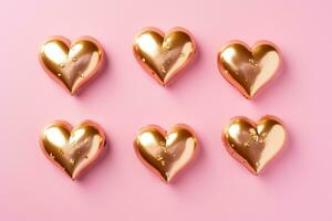 AI generated few gold hearts are decorated on a pink background photo