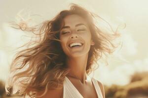 AI generated beautiful young girl in a dress smiles on the beach against the background of the sea photo