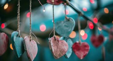 ai generado corazones colgado desde instrumentos de cuerda en de cuerda pancartas foto