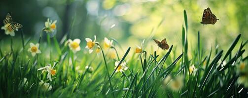 AI generated green grass with butterflies and daffodils photo