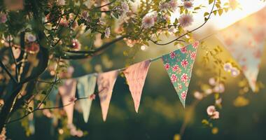 ai generado divertido día banderas con flores colgando abajo foto