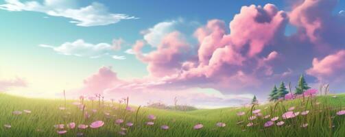 AI generated green grass with flowers and lots of pink and purple clouds photo