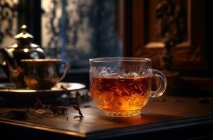 AI generated tea cups on wooden table on dark background photo